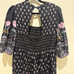 Anthropologie Black Blouse with Pink Geometric Floral Print